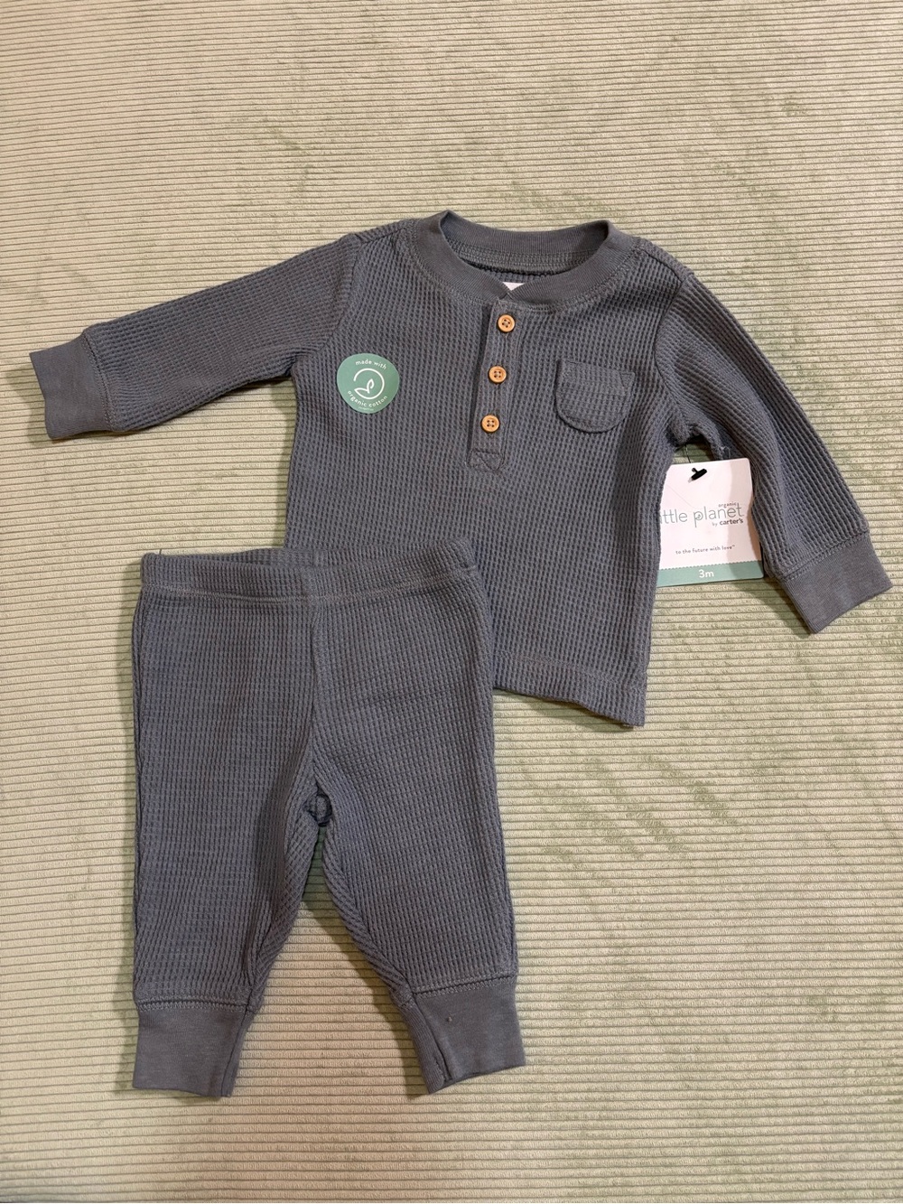 Organic Waffle Knit Baby Two-Piece Set in Gray/Blue